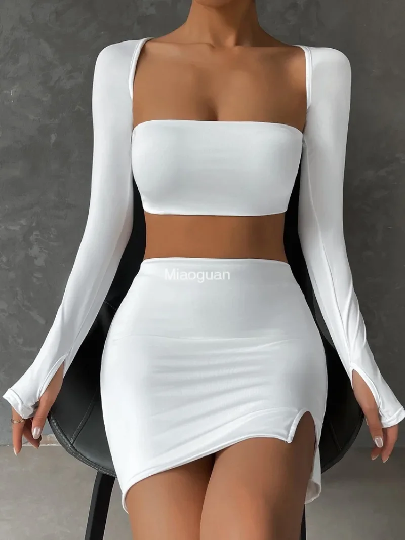 Casual 2 PCS Sexy White Mini Dress Set 2024 New Long Sleeve Top Summer Skirts Suits Bodycon Women\'s Party Short Split Dress Suit