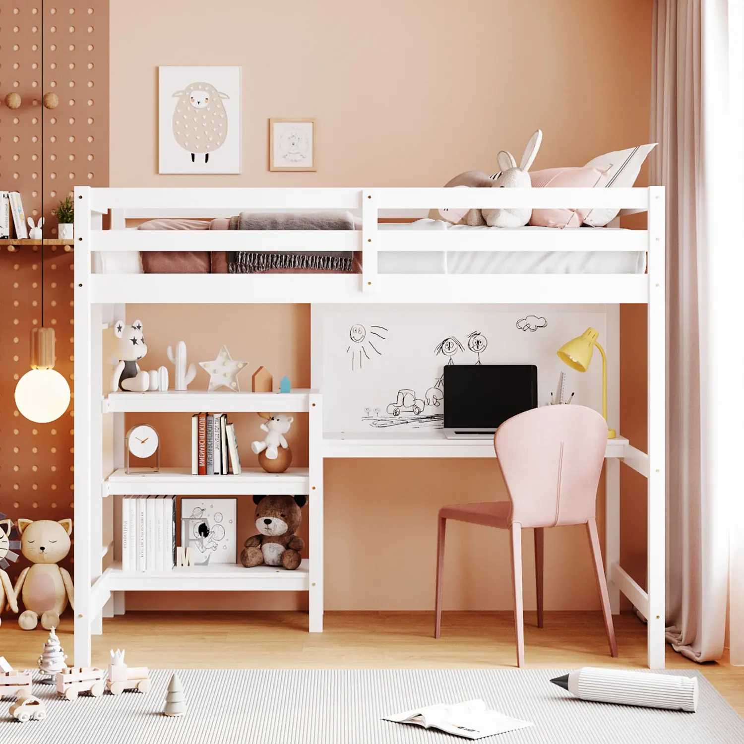 

Twin Size Wooden Loft Bed with Shelves, Desk, Writing Board - White
