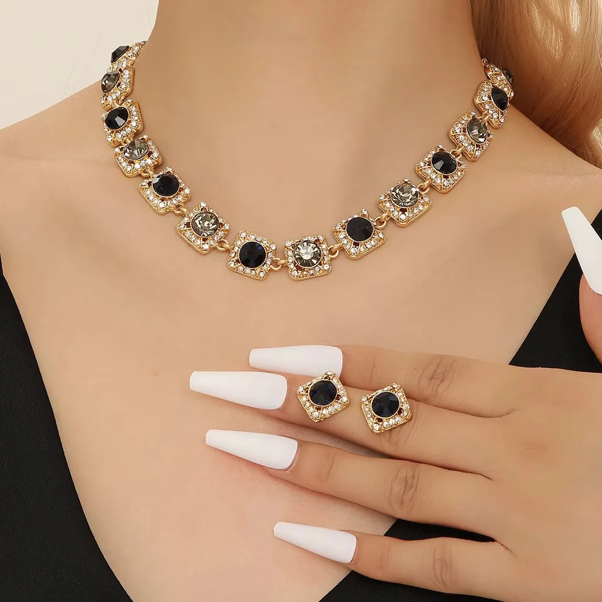 

Black square Rhinestones Necklace Earring Sets Fashion Bridal Wedding Light Luxury Party Dating Women Couple Jewelry