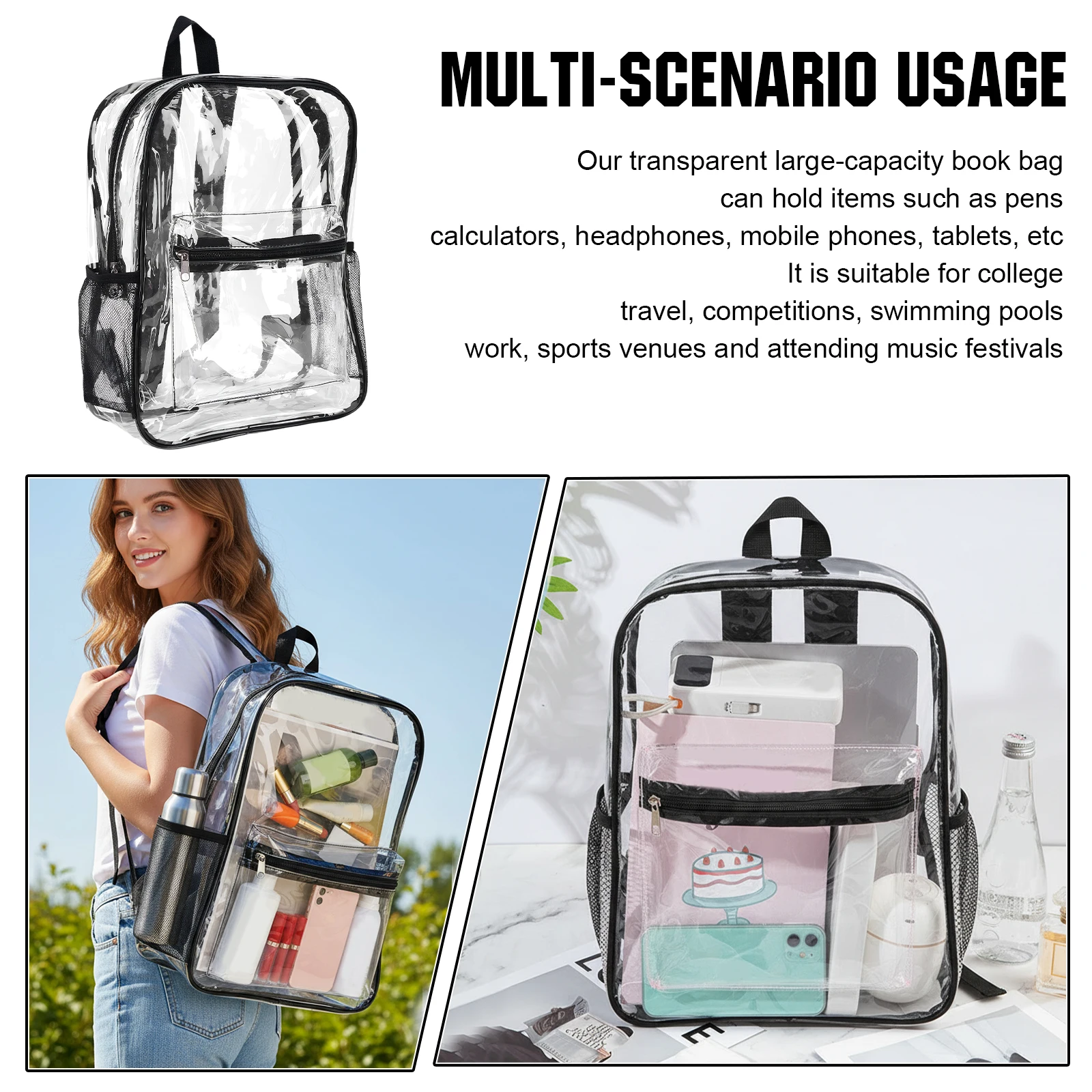 

50 Pack PVC Stadium Events Plastic Backpacks Water-Resistant 15 Inch Heavy Duty Bookbag Reinforced Shoulder Straps for Men Women