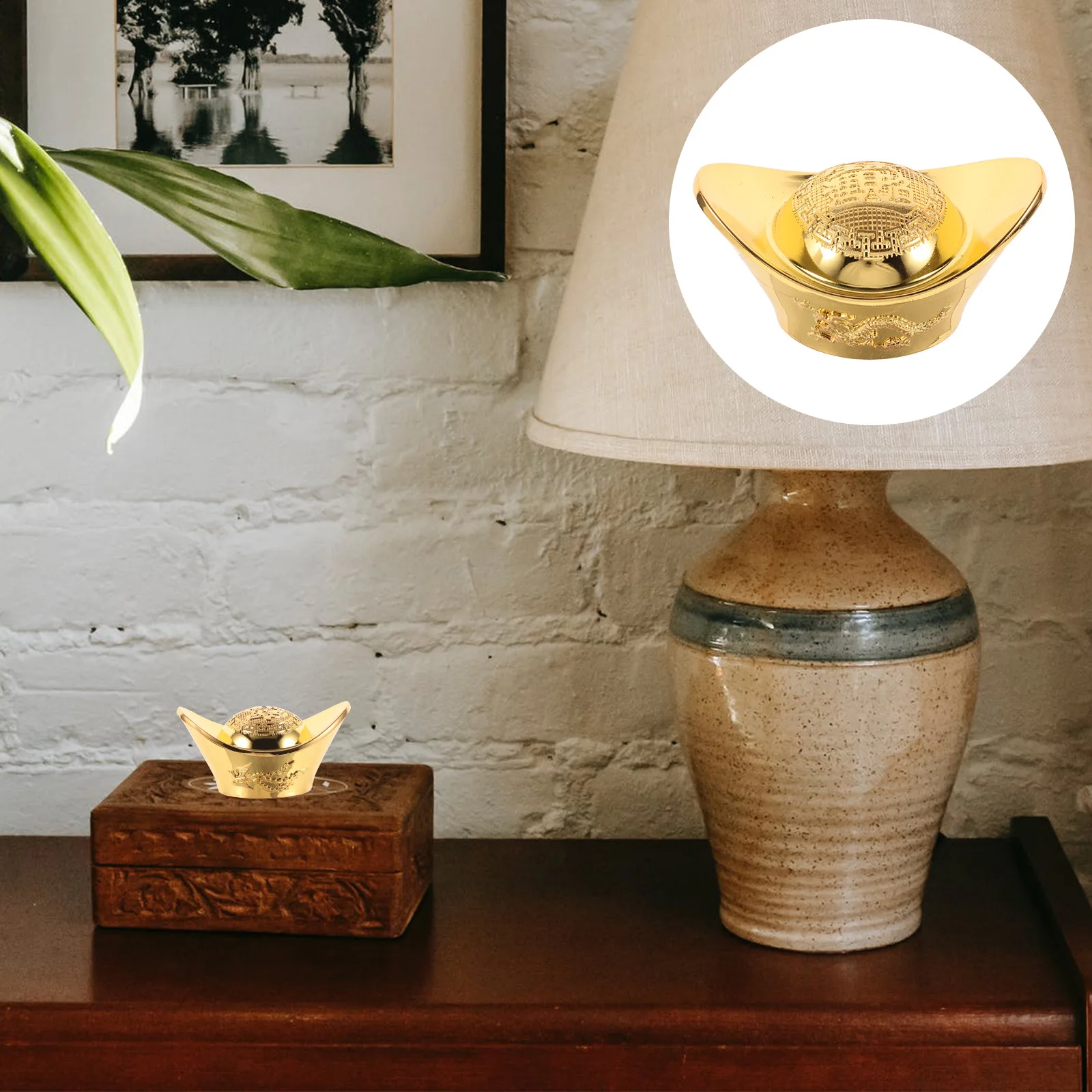 

Dragon Phoenix Yuan Bao Realistic Golden Ingot Decor For Home Office Desk Feng Shui Wealth Luck Craft Mini Brass Ingots