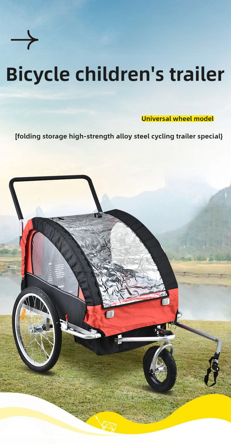 2-in-1 Bicycle Trailer, Double Child Position, Foldable Trolley, Red and Black Universal Wheels, Home Camping