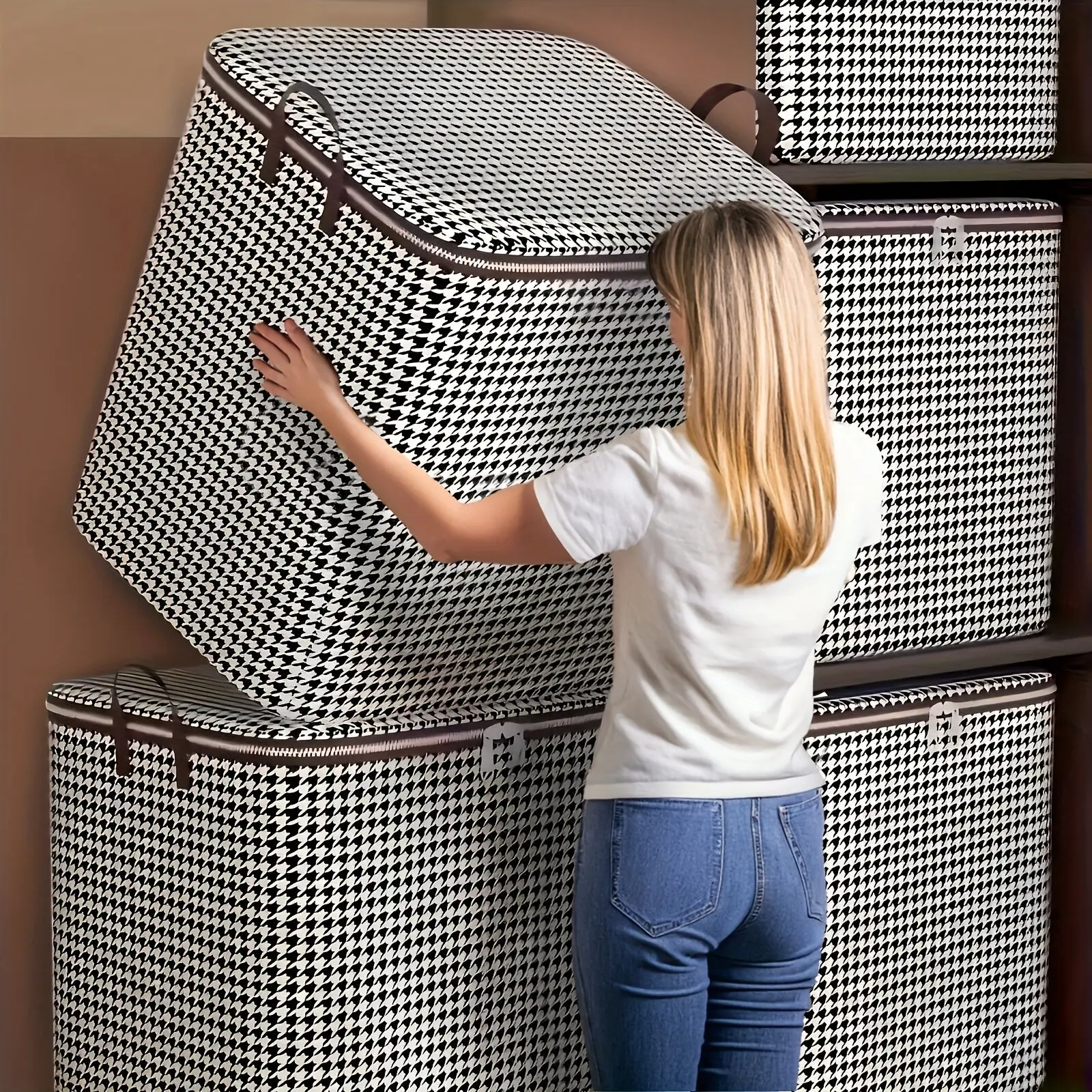 4 Oversized Storage Box Sets, 47.55 Gallon Checkered Thick Lining, Dustproof Moisture-Proof, Double Zipper Handle, Ideal