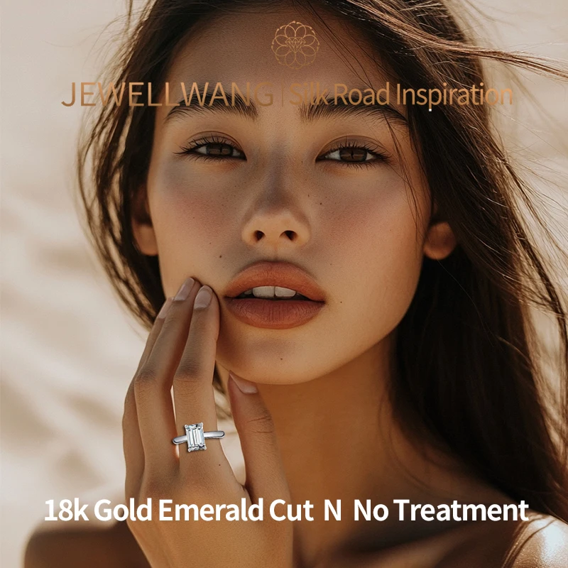 JEWELLWANG 0,5 1,0 ct 2C 3,0 ct Anelli di fidanzamento con diamanti a forma di smeraldo coltivato da laboratorio in oro bianco 18 carati da donna Colore E VS Chiarezza (IGI)