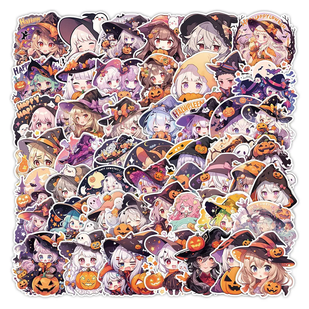 Kawaii Halloween Anime Girl Adesivos, Decalques Bonitos para Crianças, Brinquedos Telefônicos, Skate, Caderno, Decoração Adesivo Graffiti dos Desenhos Animados, 10 Pcs, 30 Pcs, 50Pcs