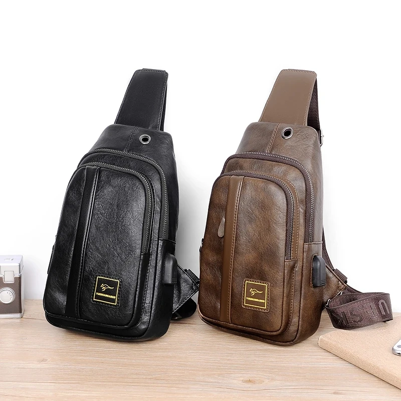 Kangaroo Luxury Brand Chest Bag Men Crossbody Bag Leather Chest Pack USB Charging Travel Sling Bag Messenger Shoulder Bag Male