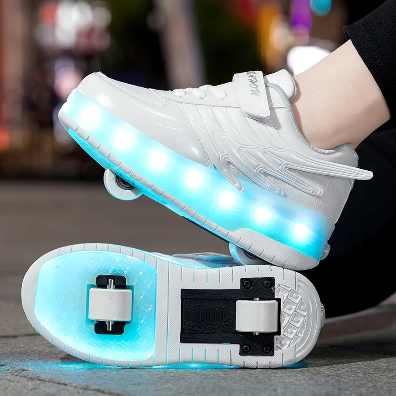 Children's Two-wheel Roller Skate Shoes Kids Smooth-wheel Shoes Boys and Girls Fashion Roller Skates with LED Light Flying Shoe
