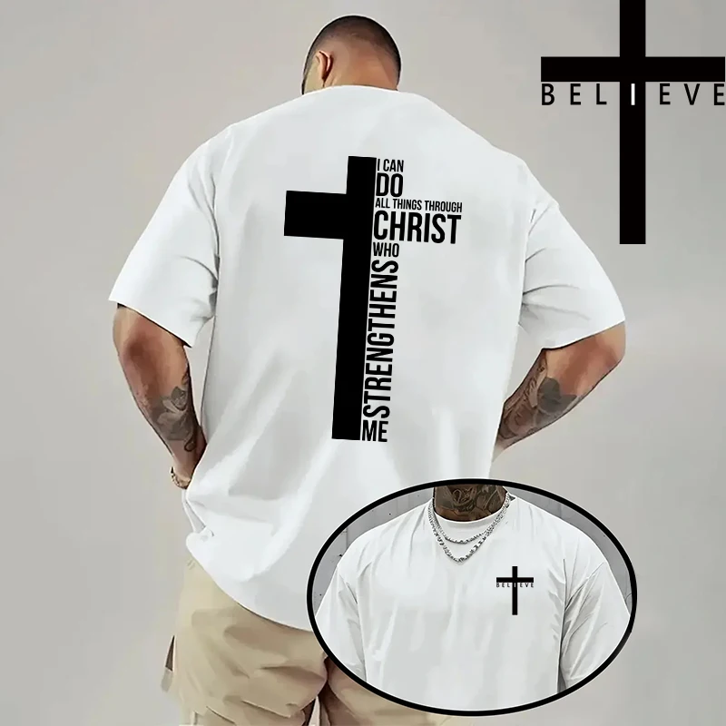 Frühling Sommer Täglich Casual Mode Jesus Kreuz Baumwolle Tees Christus Drucken T-shirt Männer Hohe Qualität Reine Farbe Kurzarm Top – Detail 17