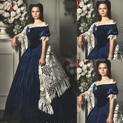 Civil War Southern Belle Ball Gown Victorian Blue Velvet Dress Gothic Steampunk Blue Princess Dress Retro Elegant Evening Dress