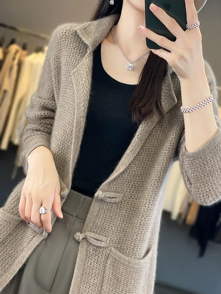 Women Turn-down Collar Cardigan 100% Merino Wool Sweater Autumn Winter Hollow Long Sleeve Cashmere Knitwear Female Clothes Coat