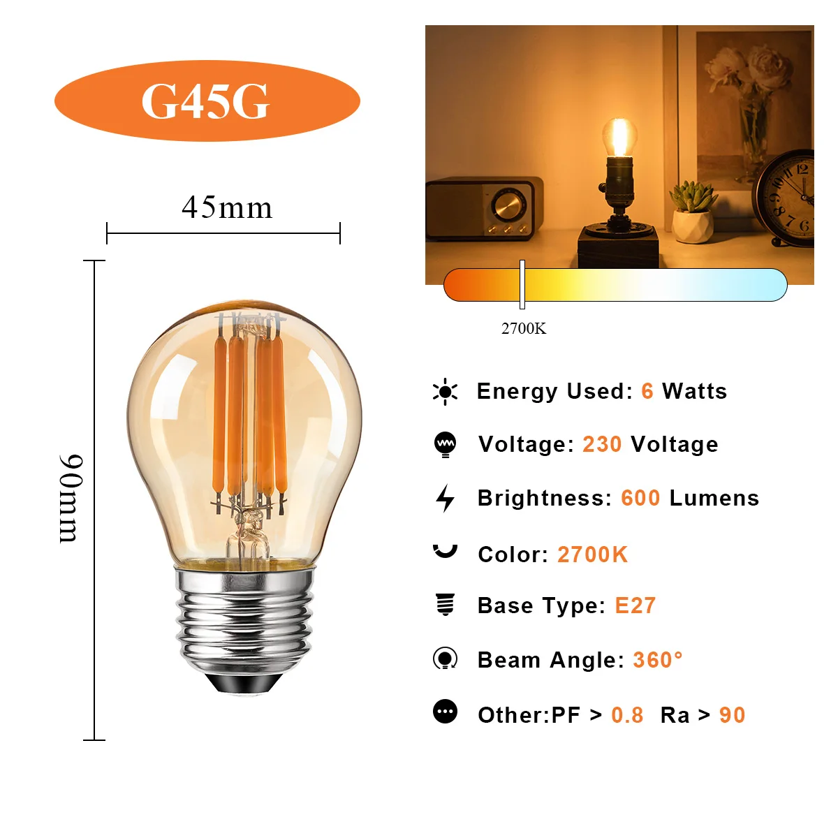 Bombilla Led Vintage G45 Edison E27, 4W, 6W, lámpara de bola de filamento, Blanco cálido, 2700K, vidrio ámbar, regulable, Mini globo para colgante