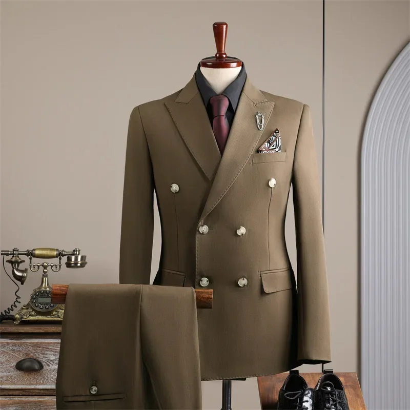 NT269  Double Coffee Color Suit Men Business Groom Wedding Dress Best Man Business Slim Blazer