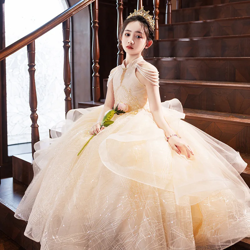 Girls' Dress, High-End and Beautiful Champagne Ten Years Old Birthday Girl Princess Dress Piano Performance Tulle Tutu Performan