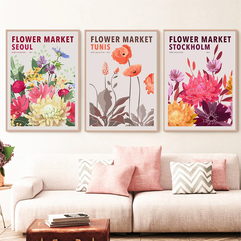 Classic Abstract Wall Art Colourful Plants Flower Market HD Canvas Print Poster Home Living Room Bedroom Decoration