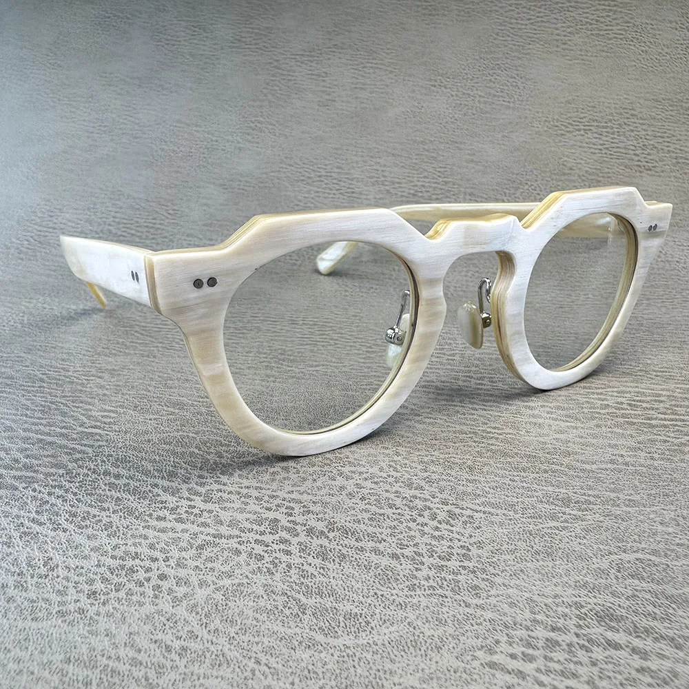 

Eyeglass Frames Unique Polygon Vintage Retro Handmade White Horn Prescription Man's Glasses Frames Optical Lenses Eyeglasses