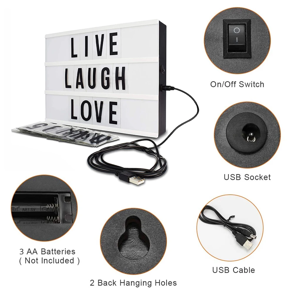 Caja de luz de combinación LED A4 A5 A6, luz nocturna, decoración de tarjeta de símbolo de letras DIY, USB/tablero de mensajes alimentado por batería