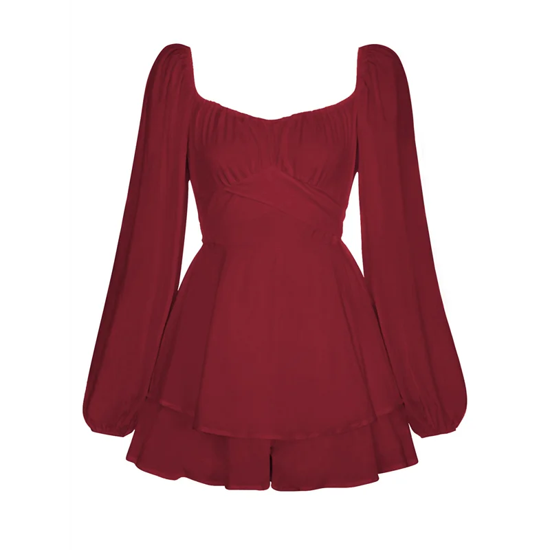 

Women's Jumpsuit Lantern Long Sleeve Ruffle Layer Tie Mini Short Romper-A55G