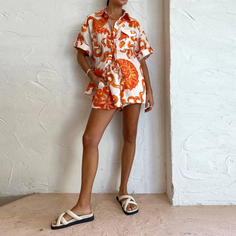 Beach Style Loungewear Set Geometric Pattern Short Sleeve Lapel Button T-Shirt Blouse + Elastic Waist Shorts Women Loose Outfits