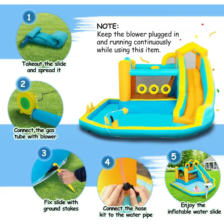 Tobogán acuático inflable para casa de rebote 8 en 1, parque acuático con soplador de 450W, pared de escalada, piscina con salpicaduras, cesta, cañón de agua genial