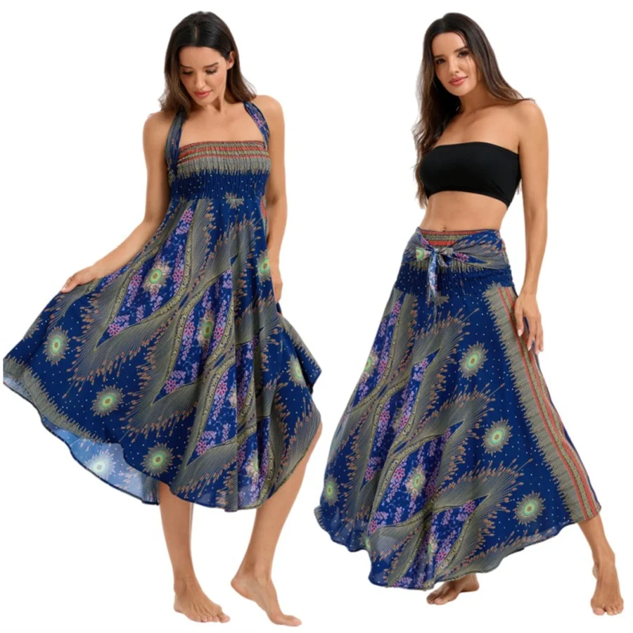 Damen Boho-Kleid aus Rayon, Atmungsaktiv, Weich, Sommerliches Bohemian Langes Kleid, Strandkleidung, Urlaub, Elastische Taille, Bandage-Neckholder, Hippie-Kleid – Detail 6