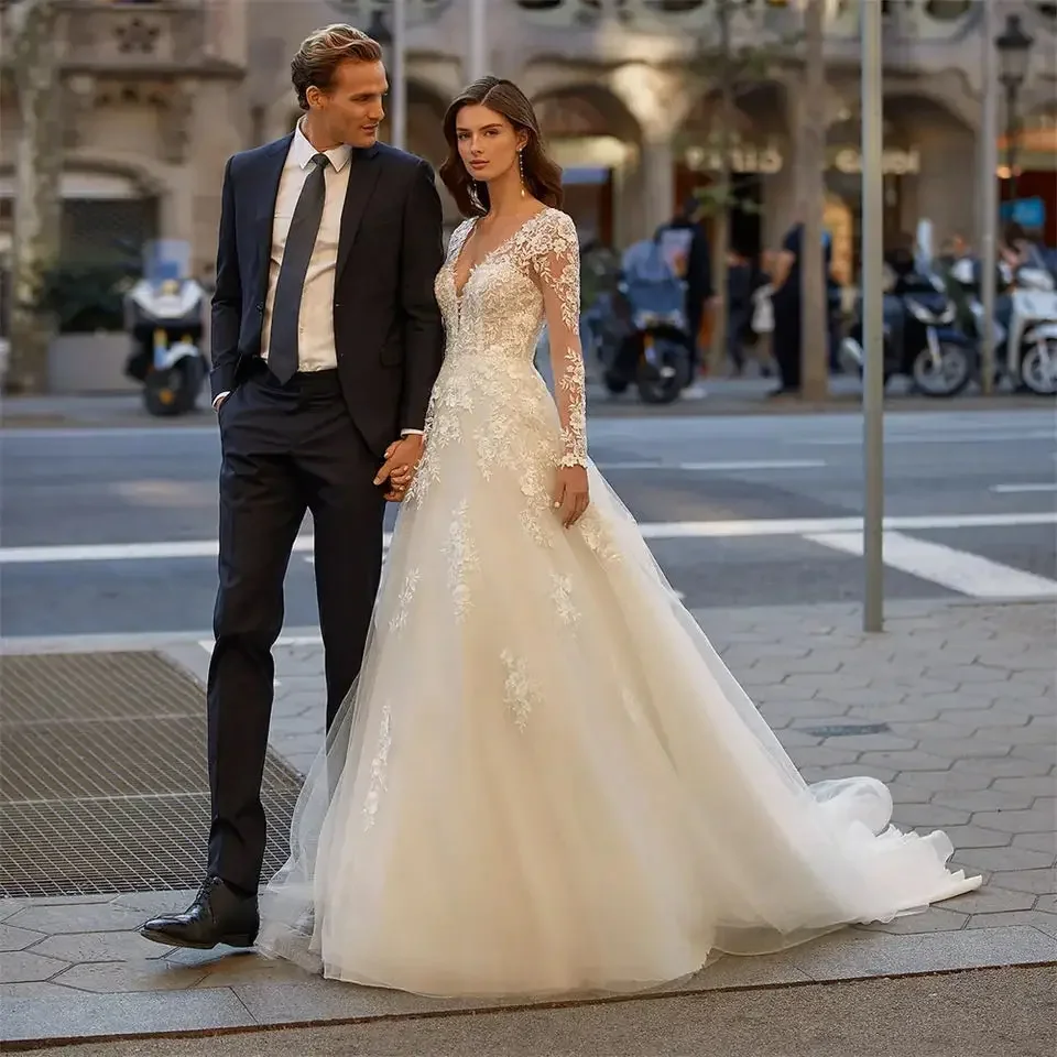 

Elegant A Line V Neck Wedding Dresses For Women Long Sleeves Bridal Gowns Lace Appliques Button Bride Dress Vestido De Novia