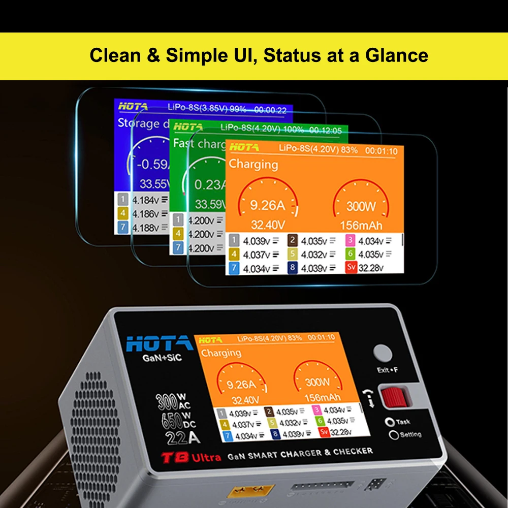 HOTA T8 Ultra 8S Lipo Battery Balance Charger with GaN Technology AC300W DC650W Smart Charger for US EU Plug