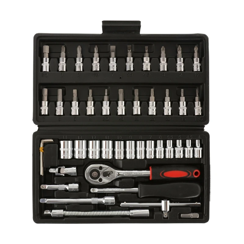 46pcs Socket Ratchet Car Repair Tool Wrench Set Head Ratchet Pawl Socket Spanner Screwdriver Professional Metalworking Tool Kit