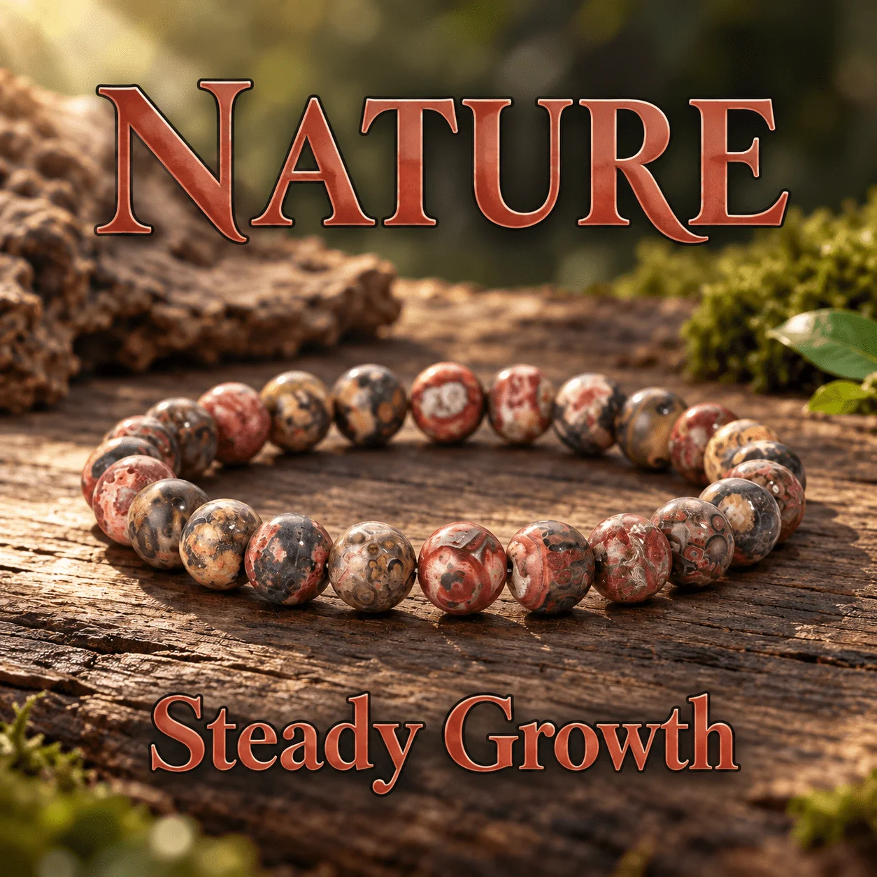 Leopard Print Crystal Red Brown Natural Texture Round Bead Bracelet, Symbolizing Nature and Growth, Unisex Bohemian Style Jewelr