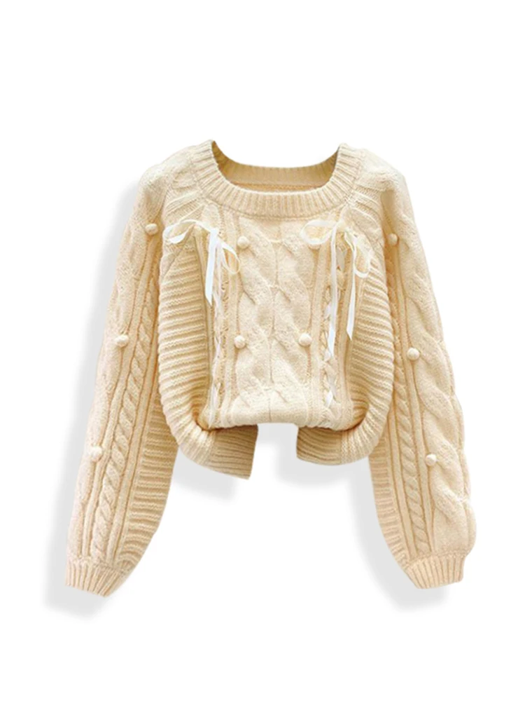 Women Apricot Pullover Sweater Aesthetic Y2k Elegant Vintage Long Sleeves Knitted Jumper Christmas Sweater 2000s Clothes Autumn