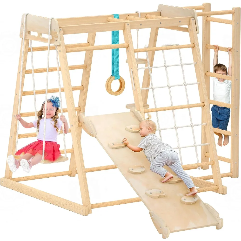 

Jungle gym, toddler indoor playground climbing toys, backyard playground set with slide, climbing wall, ropes, monkey bar, swing