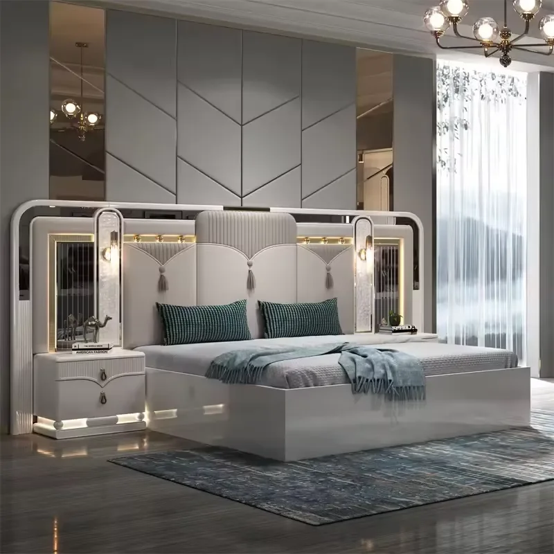 King Size Bedroom Set Luxury Wood Bed Frame with Storage Tufted Headboard Design Furniture for Family Hotels Apartments