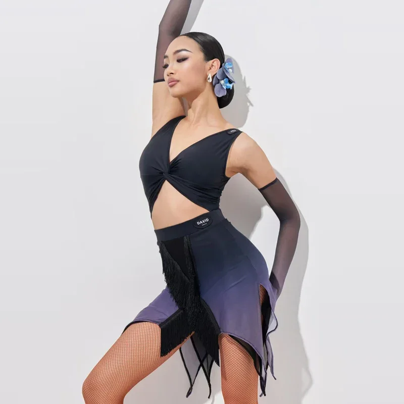 Odzież do tańca latynoamerykańskiego dla dorosłych kobiet, kostium na zawody tańca latynoamerykańskiego, seksowny krótki top, asymetryczna spódnica, stroje sceniczne DW245