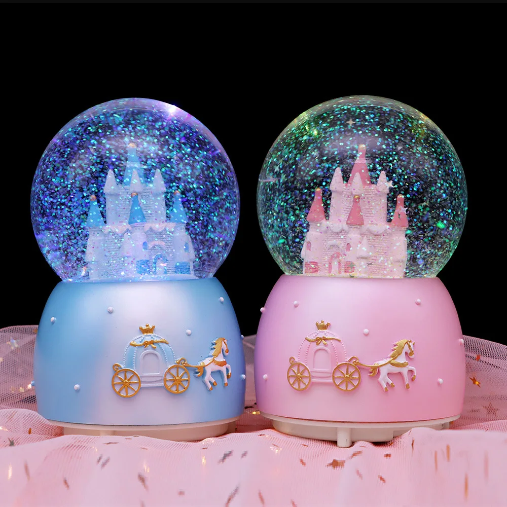 Pink Girl Heart 3D Castle Crystal Ball Music Box Colorful Light Snowflake Princess Girl Dream Birthday Party Valentine\'s Gift