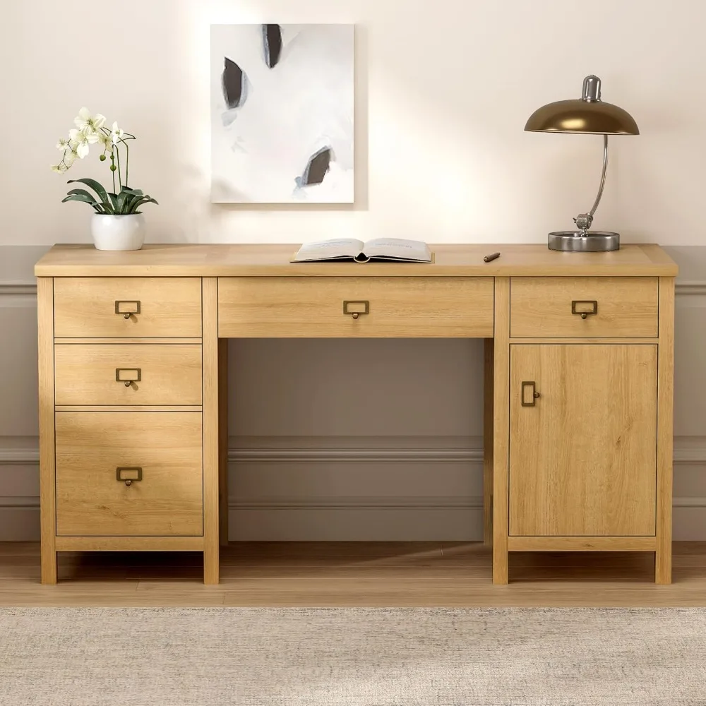 

59" Executive Desk with File Drawers Cabinet Farmhouse Large Wood Home Office Desk with Charging Station, Keyboard Tray for Stud