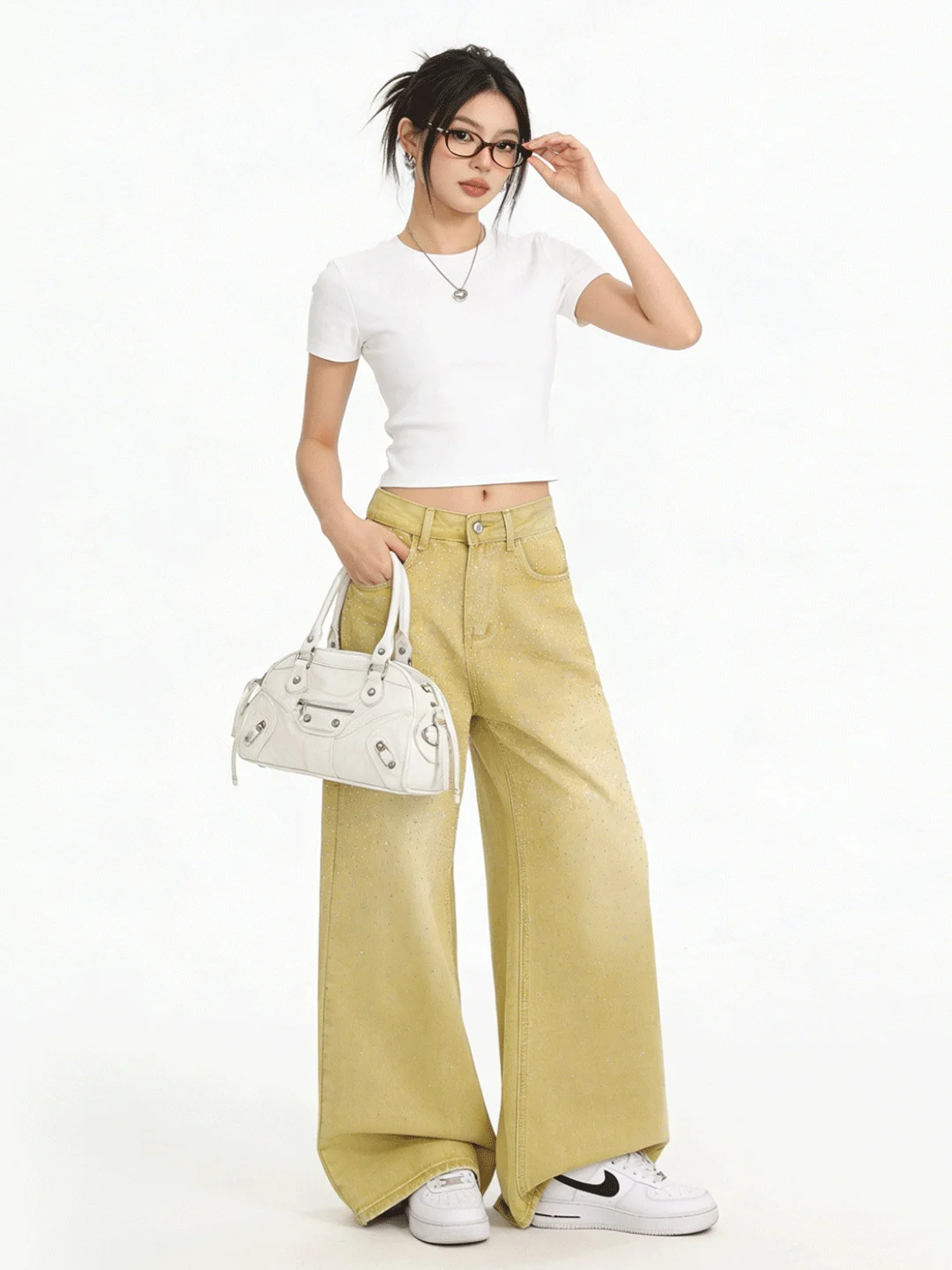 

Low Waist Wide Leg Denim Jeans American Retro Design Amber Yellow Sequin Loose Slimming Floor-Length Skin-friendly Jeans