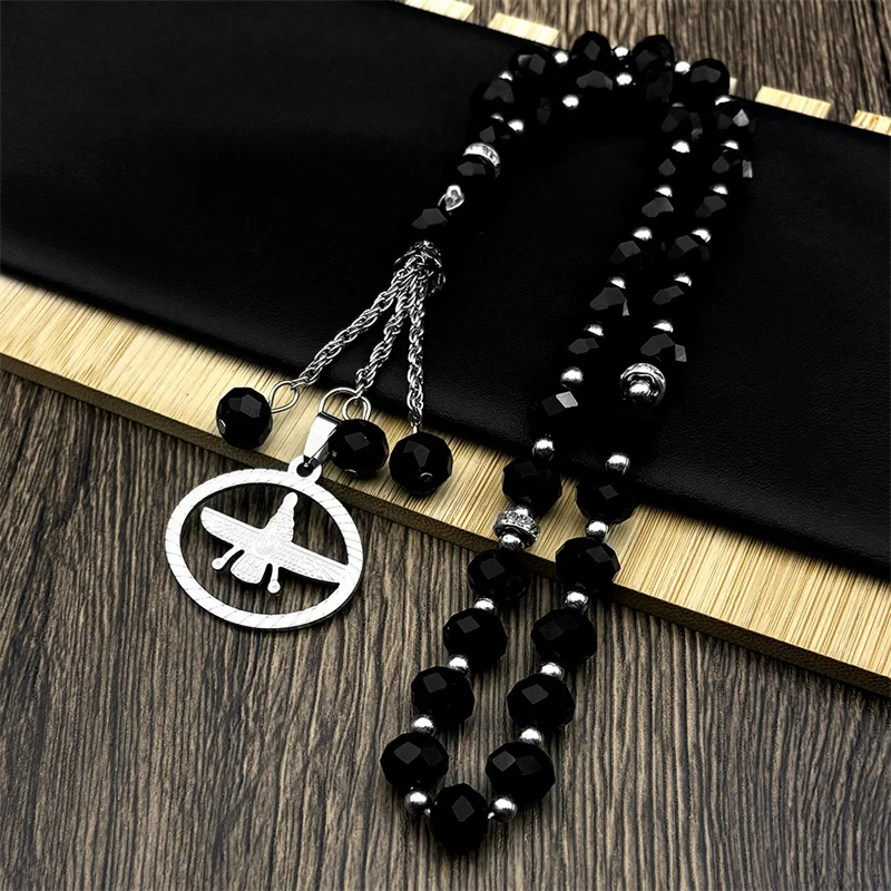 Aço inoxidável Cor Prata Zoroastrismo Carro Pingente para Homens e Mulheres, Jóias Cadeia de Vidro Preto, Árabe Cuture Mazda Religião