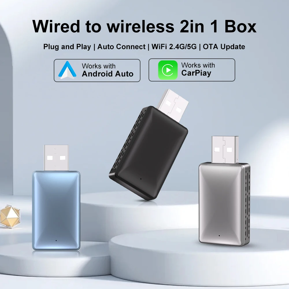 Adaptador Wireless CarPlay/Android Auto 2026 Plug and Play para VW, Toyota, Nissan, Ford, Benz, de Conexão com Fio para Sem Fio para Apple e Android