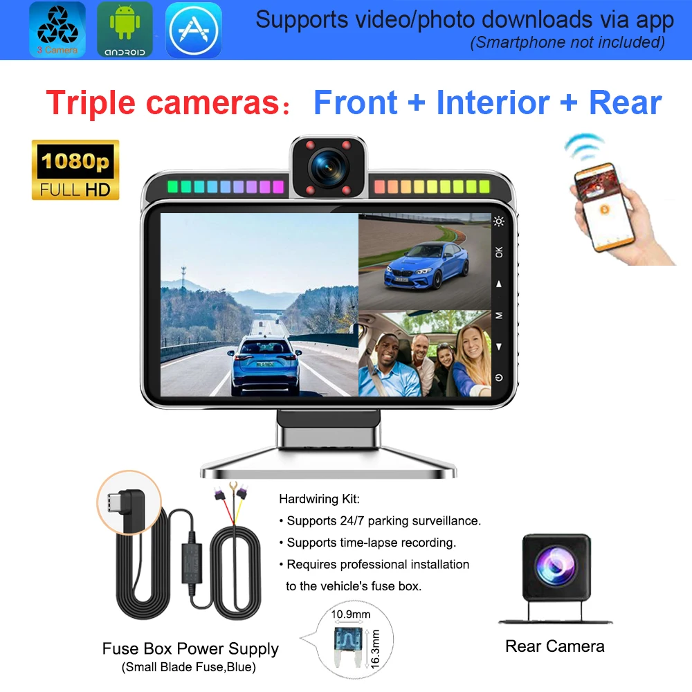 3CH 360 Full HD Console Dashcam RGB Running Light 24H Parking App Motion GSensor LoopRec TimeLapse NightVision StealthRecord