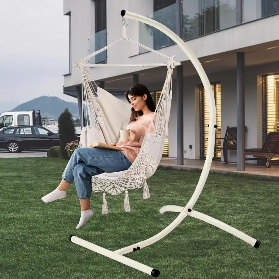 ハンモックチェアスタンドのみ、ハンギングスイングエッグチェアスタンドフレームホルダー、屋内外用ヘビーデューティースチールCスタンド、最大耐荷重350