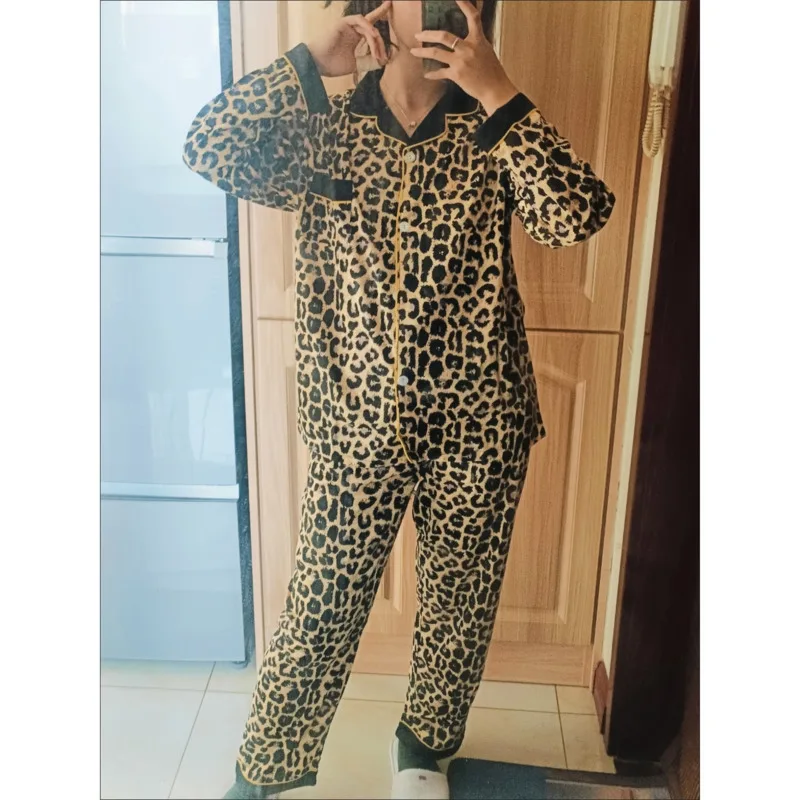 Women Fashion Leopard Print Pajama Spring Autumn Long Sleeve Sleepwear Two-Piece Set Pants Y2k Home Clothes Suit Trendy 2024