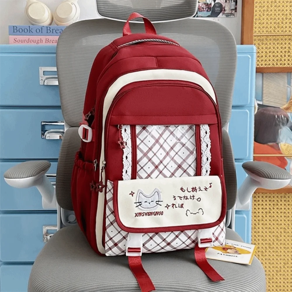 Trendy Nylon Hollow Lace Backpack Color-blocked Cute Large Capacity School Bag Durable Transparent Cat Plaid Backpack College
