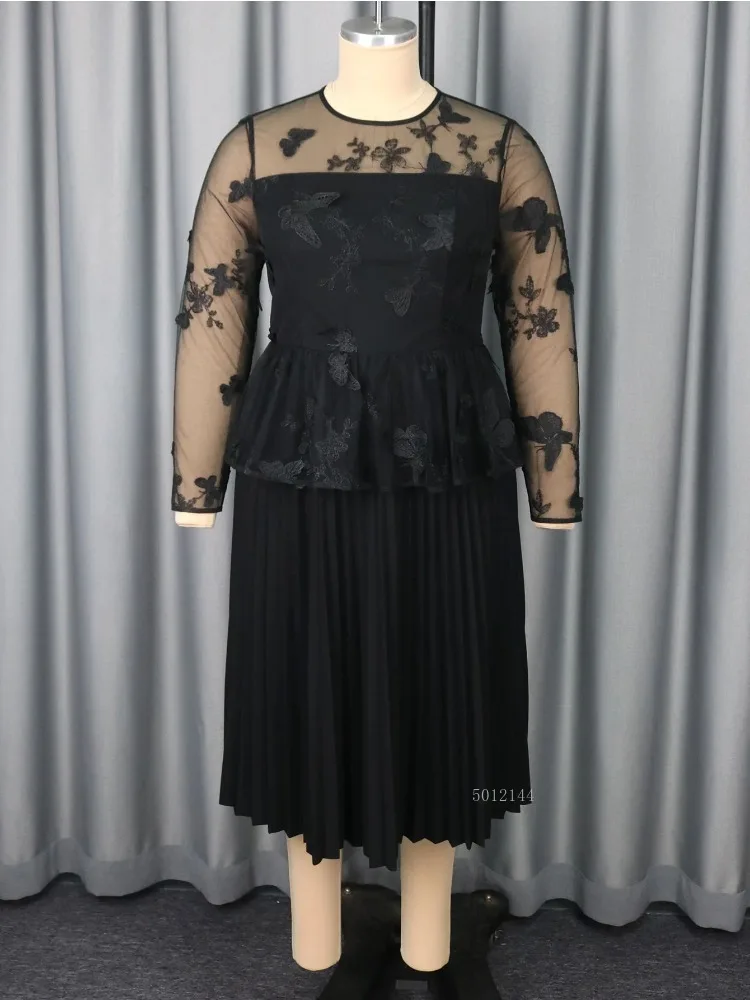 

Women's Elegant Black A-Line Midi Dress Embroidery Mesh Pleated Skirt O-Neck Sheer Sleeve Peplum Classy Evening Party Outfit