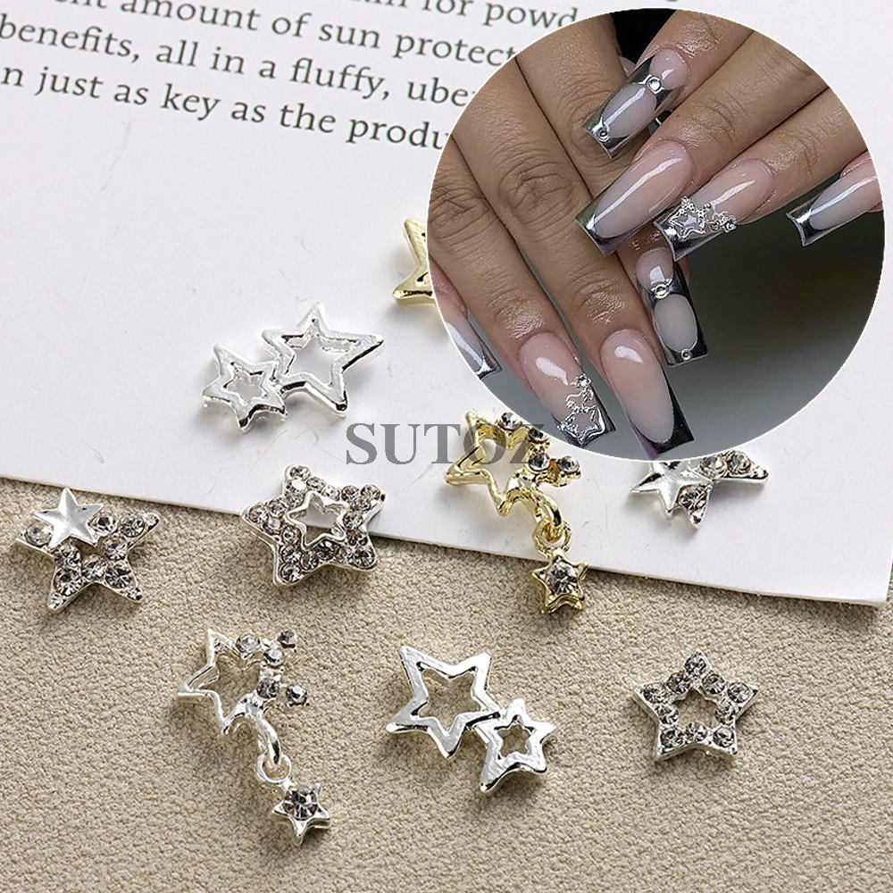 10Pcs Star Nail Charms Y2K Nail Art Rhinestone Gold Silver Five-pointed Star Metal Rivets Diamonds Deco Manicure Materials GLWEX