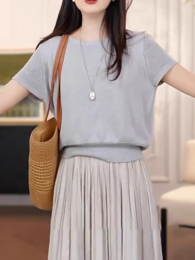 بلوزة صيفية أنيقة وعصرية بياقة مستديرة وأكمام قصيرة من الحرير الصناعي المحبوك على الطراز الكوري #3