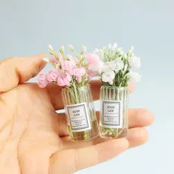 Dollhouse Miniature Flower Colorful Artificial Flower Glass Vase Model Toys Doll House Accessories Decor Toy Green Plant