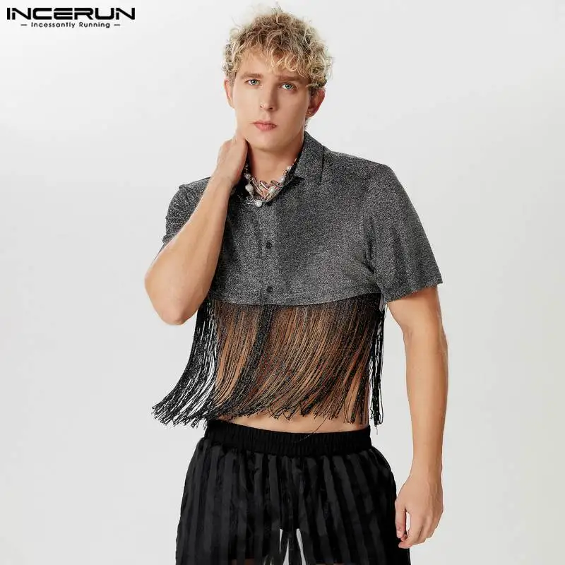 

INCERUN Tops 2024 American Style Fashion Men's Flash Fabric Cropped Shirts Sexy Splicing Tassel Lapel Short Sleeved Blouse S-5XL