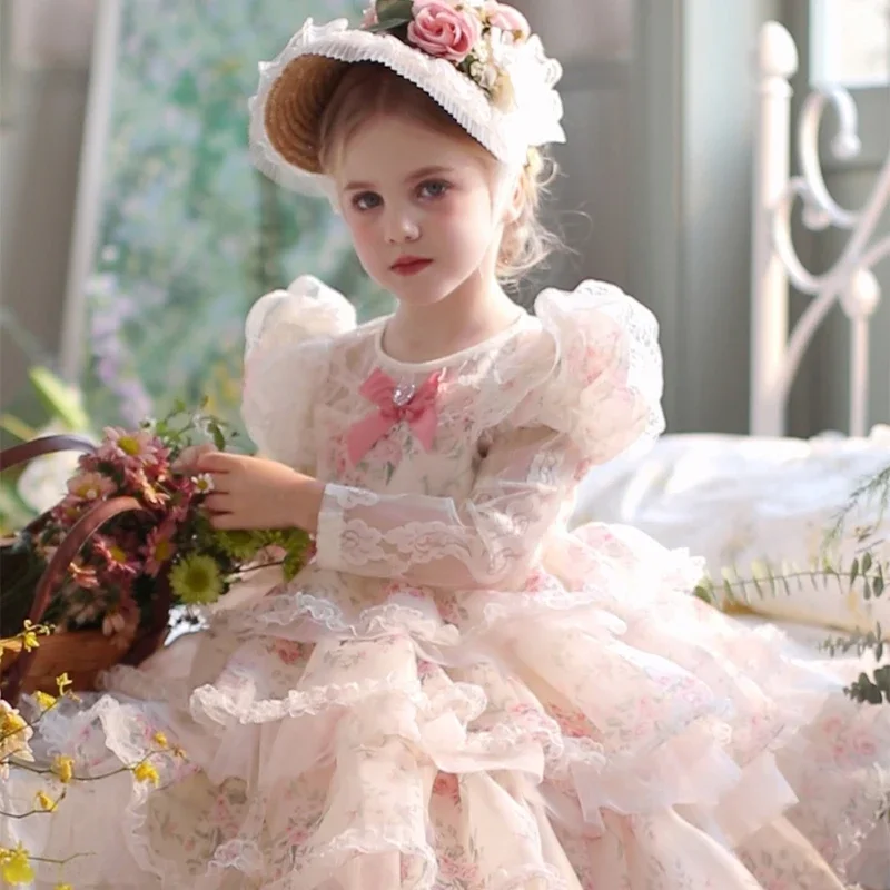 Spring Pink Girls Floral Dress Girls Birthday Princess Dress Lolita Girl Make Up Children\'s Party Wedding Photography Clothes