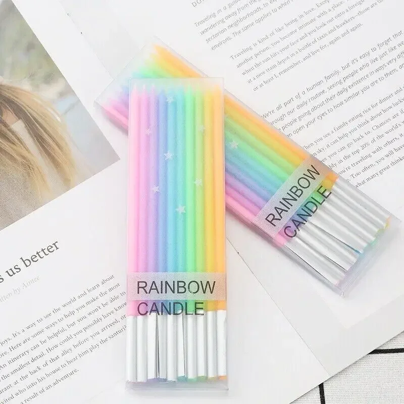 1Set Long Rainbow Cake Candles Birthday Candles Long Thin Candles In Holders for Birthday Wedding Party Cake Decorations