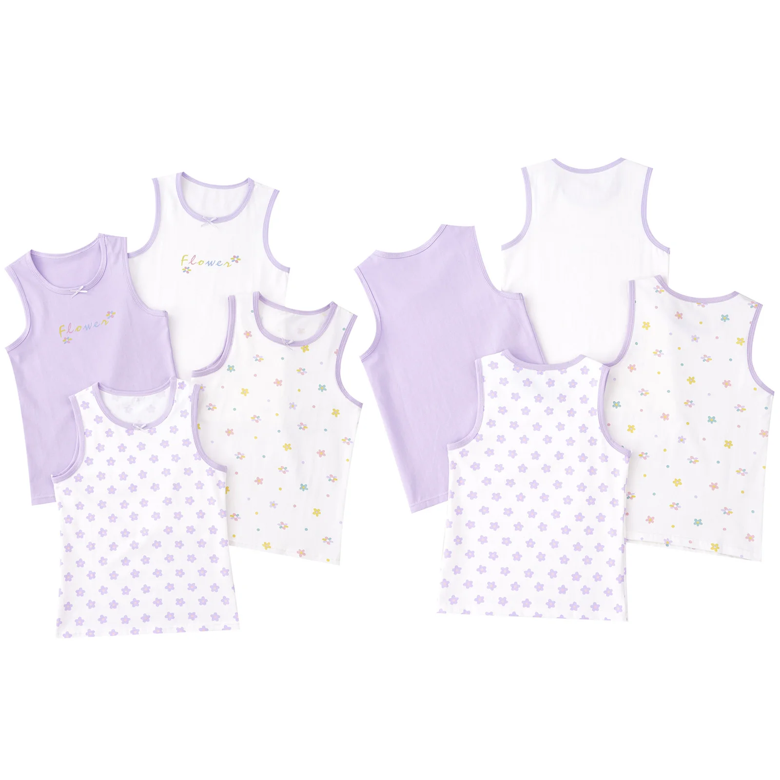 4Pcs/Set Kids Girls Solid Colors Soft Undershirt Cute Bow Lace Floral Print Tank Top Breathable Cotton Sleeveless Vest Underwear