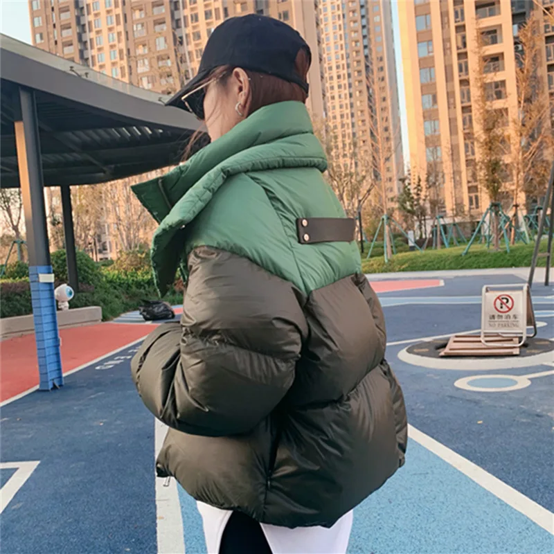 Imagem -06 - Gola à Prova de Vento Fofo Mulher para Baixo Cabolsa Contraste Cor Cortada Puffer Jaquetas 2023 Novo Grosso Quente com Capuz Inverno Parkas